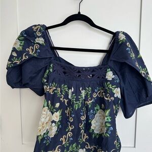 FARM Rio Navy Floral Puff Sleeve Blouse